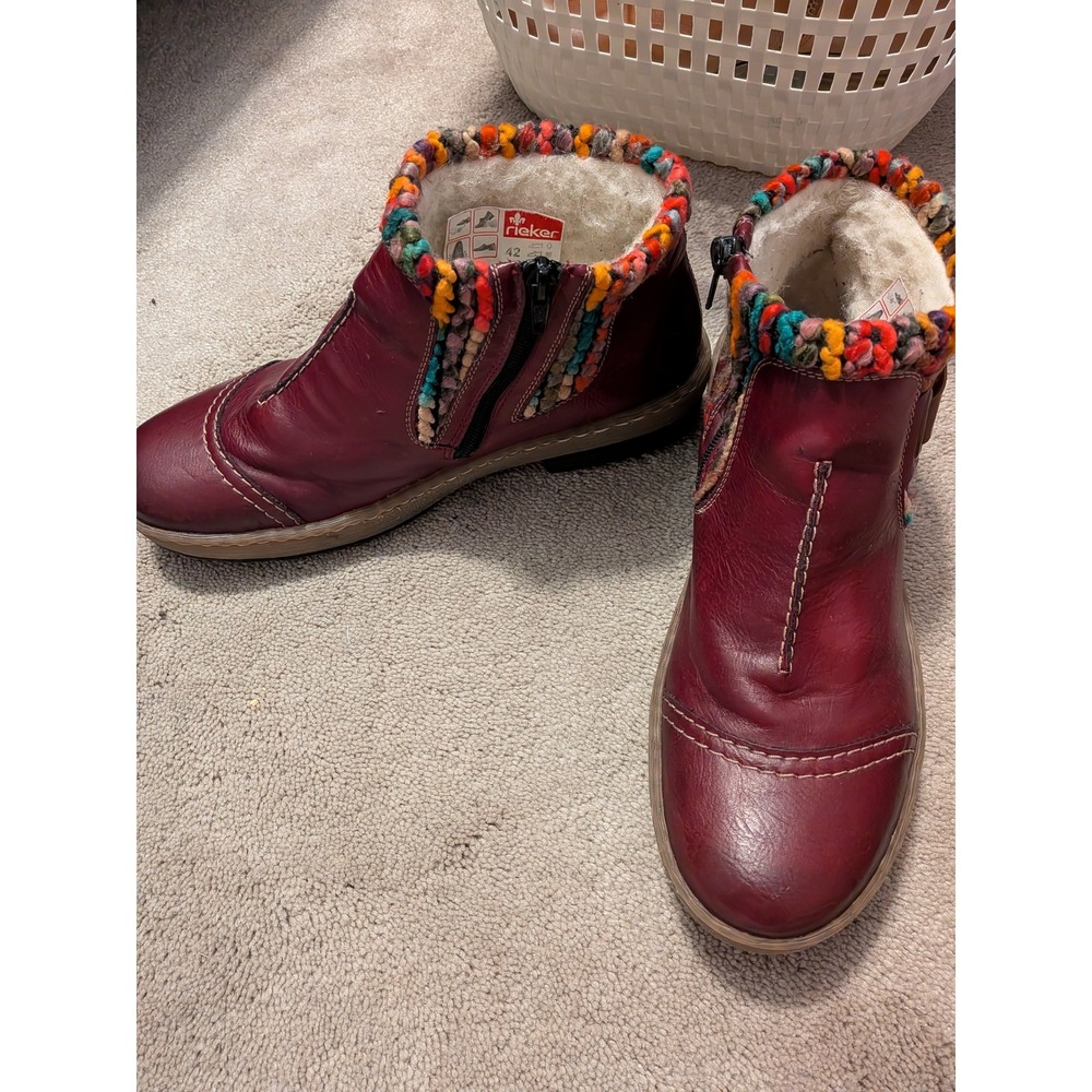 Rieker Antistress Burgundy Leather Knit Collar Ankle Boots Z6784-35 Womens 42 - Picture 2 of 5